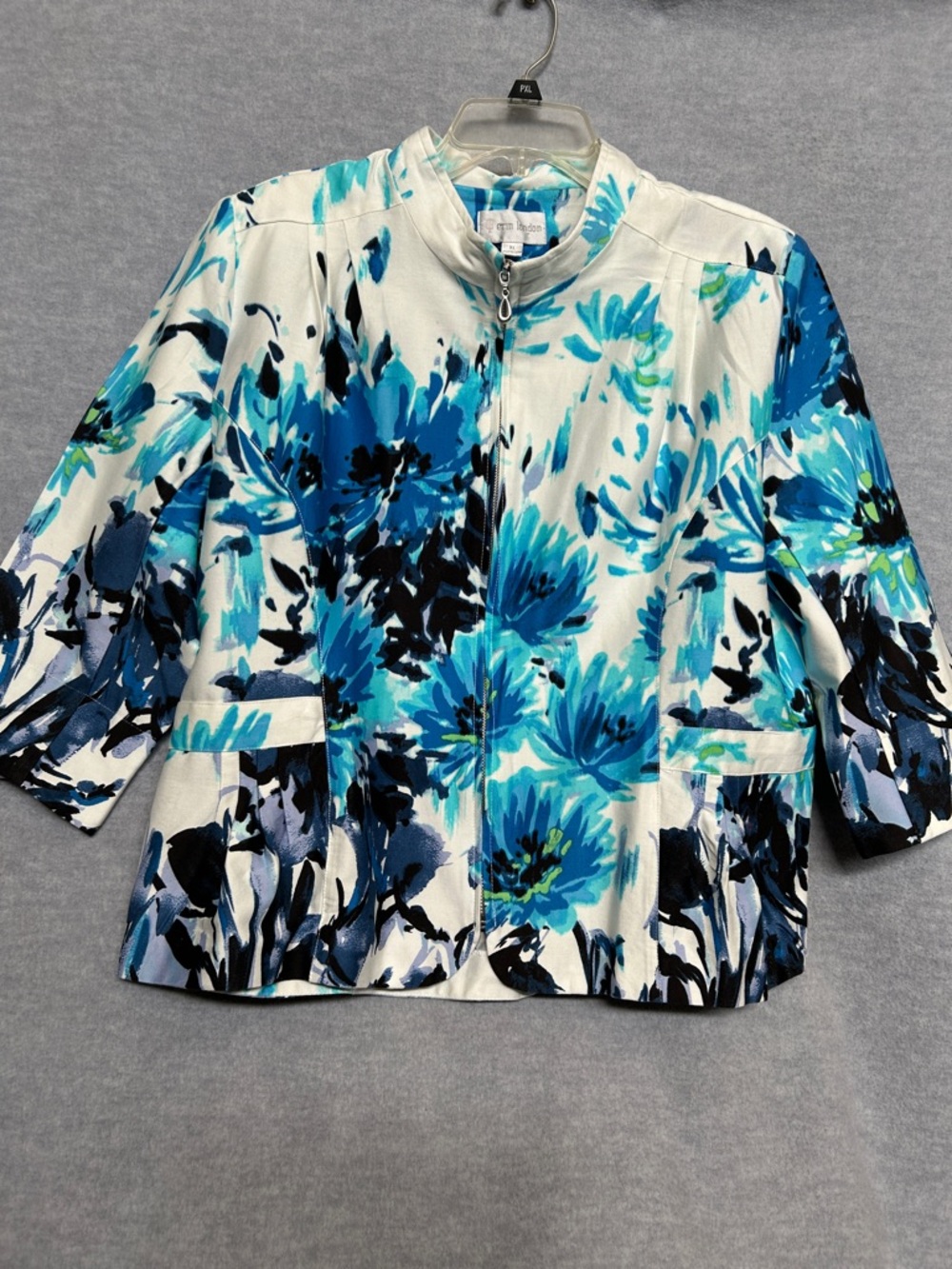 ERIN LONDON Perfect Spring Jacket Stretch Floral Zipper Front Cotton 3/4 Sleeves